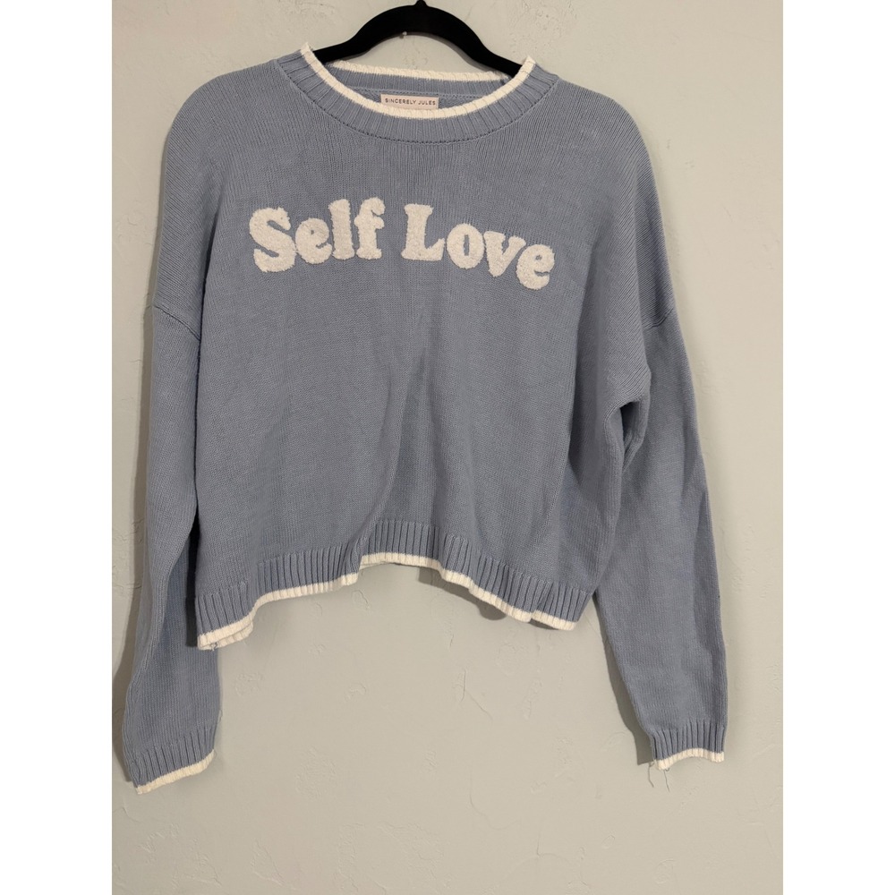 Sincerely Jules Self Love Graphic Knit‎ Sweater Blue White Trim ST489V2-C Medium